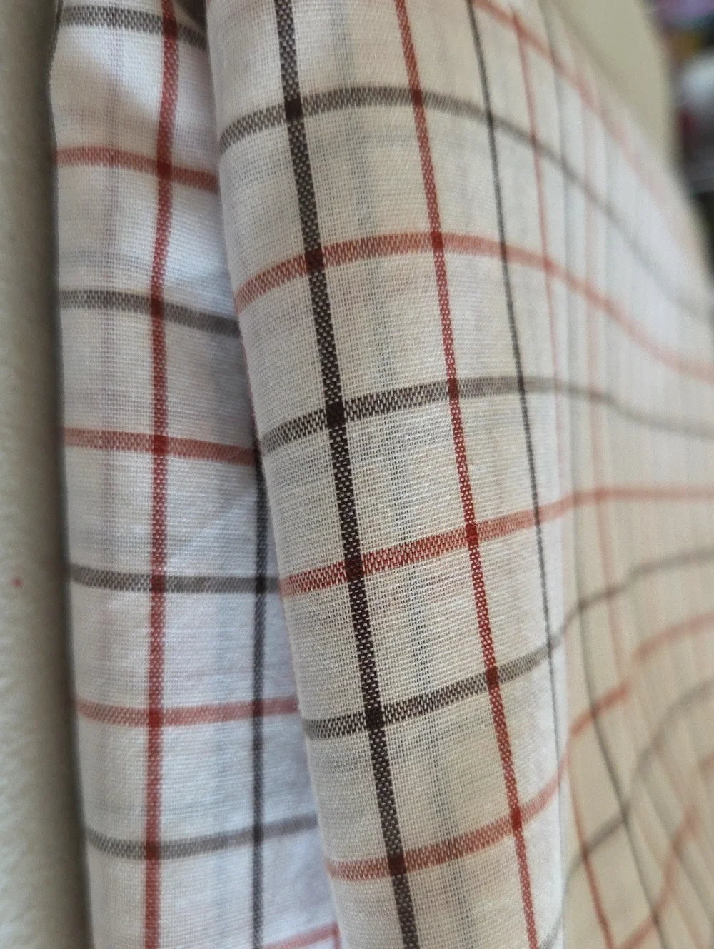 Checker Stripes Vintage Brick Red - Black - Grey - White Sheer Cotton Fabric 3yd